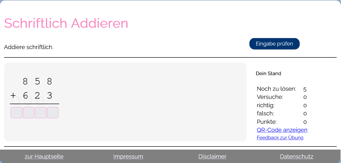Bildschirmfoto der Übung Schriftlich Addieren