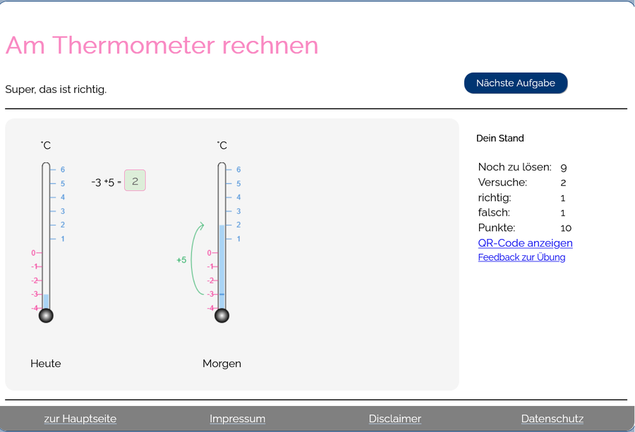 Bildschirmfoto der Übung Am Thermometer rechnen