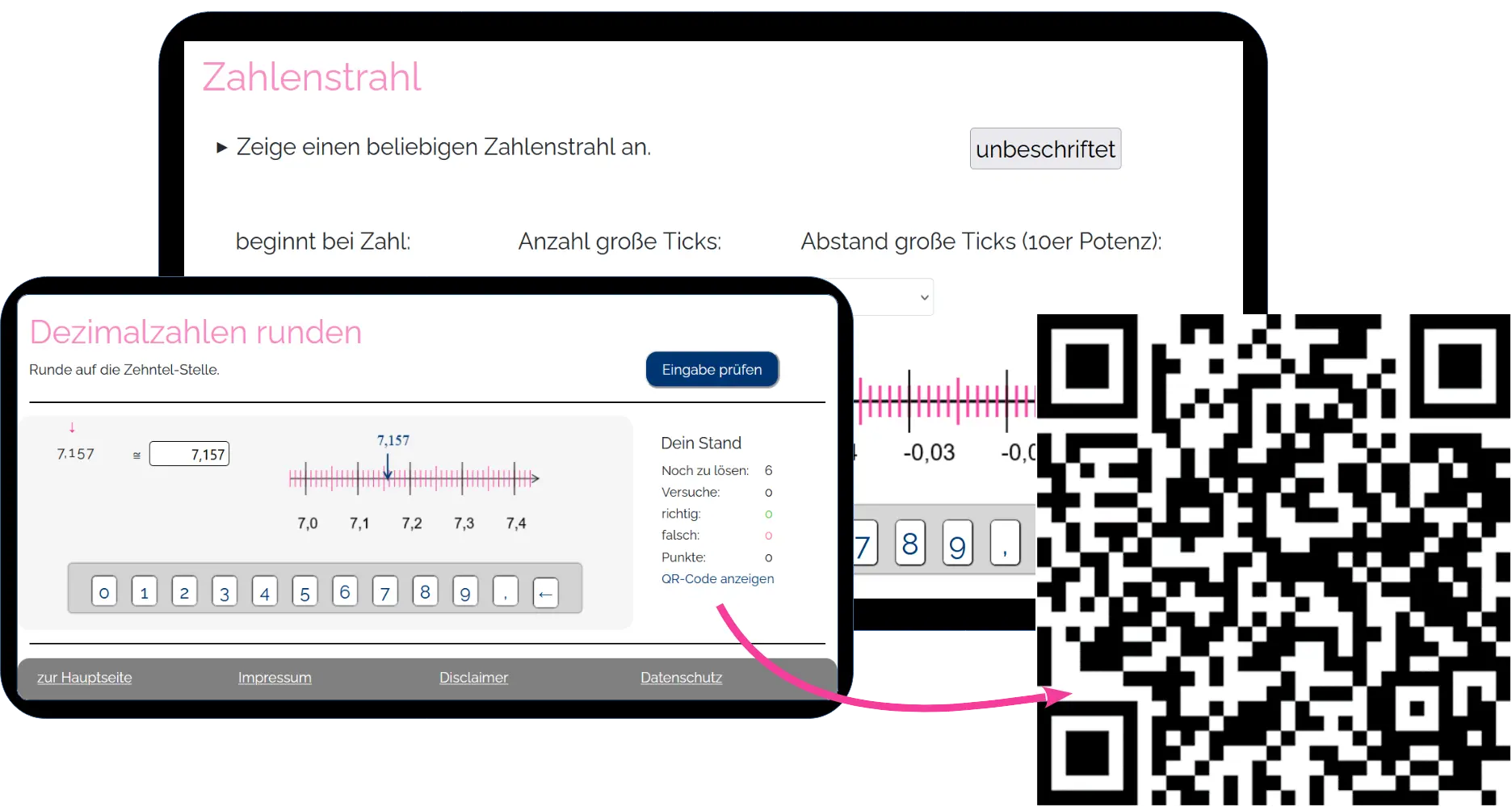 Zwei Übungen nebeneinander: ein einstellbarer Zahlenstrahl und das Runden von
                  Dezimalzahlen, daneben der QR-Code zur Übung